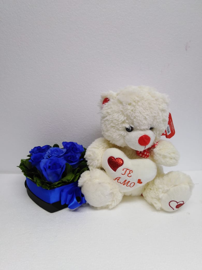 6 Rosas Azules en Caja Corazón y Peluche con corazón 30cm
